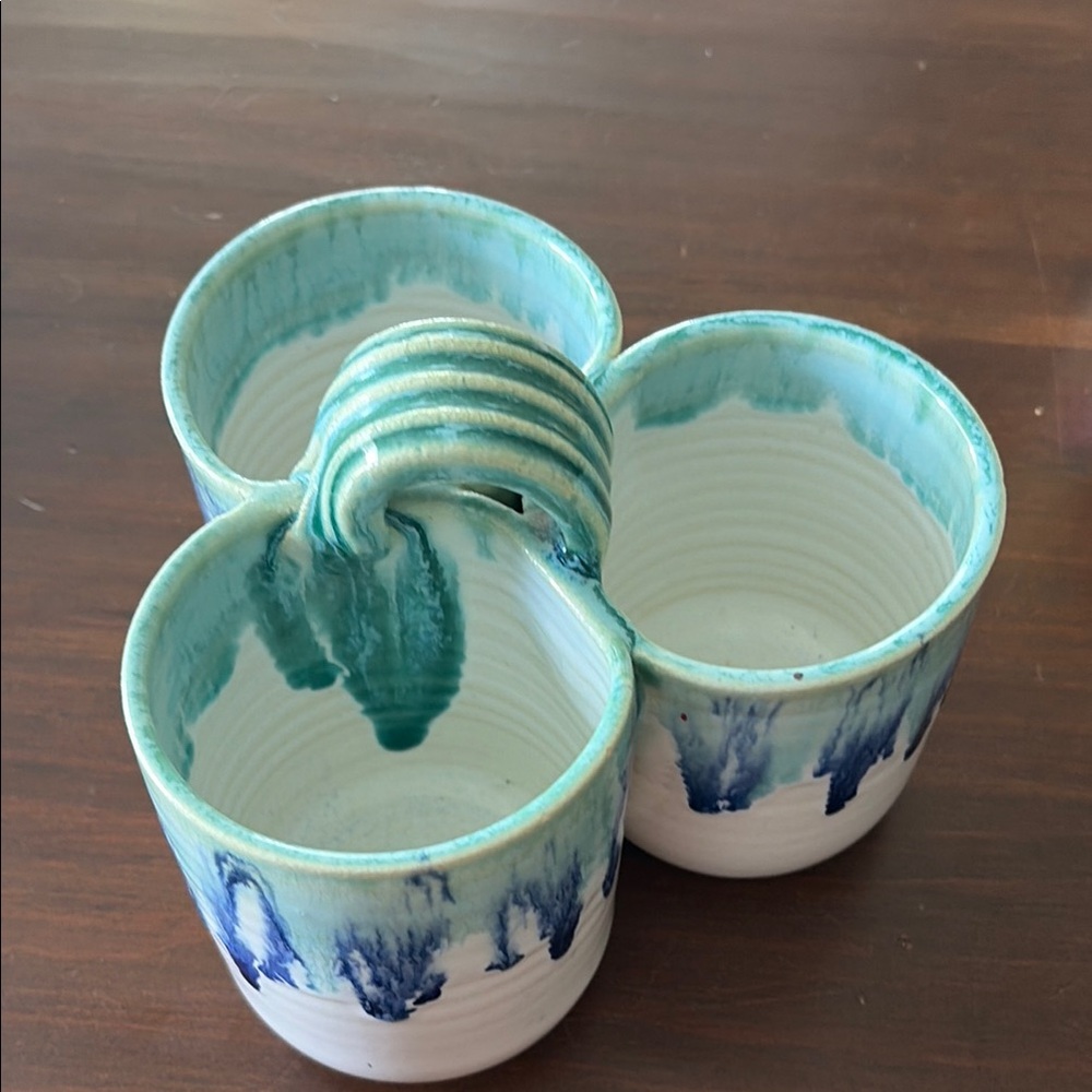 Handmade Ceramic Triple Cup OrganizerCondiment holder in Aqua and Blue